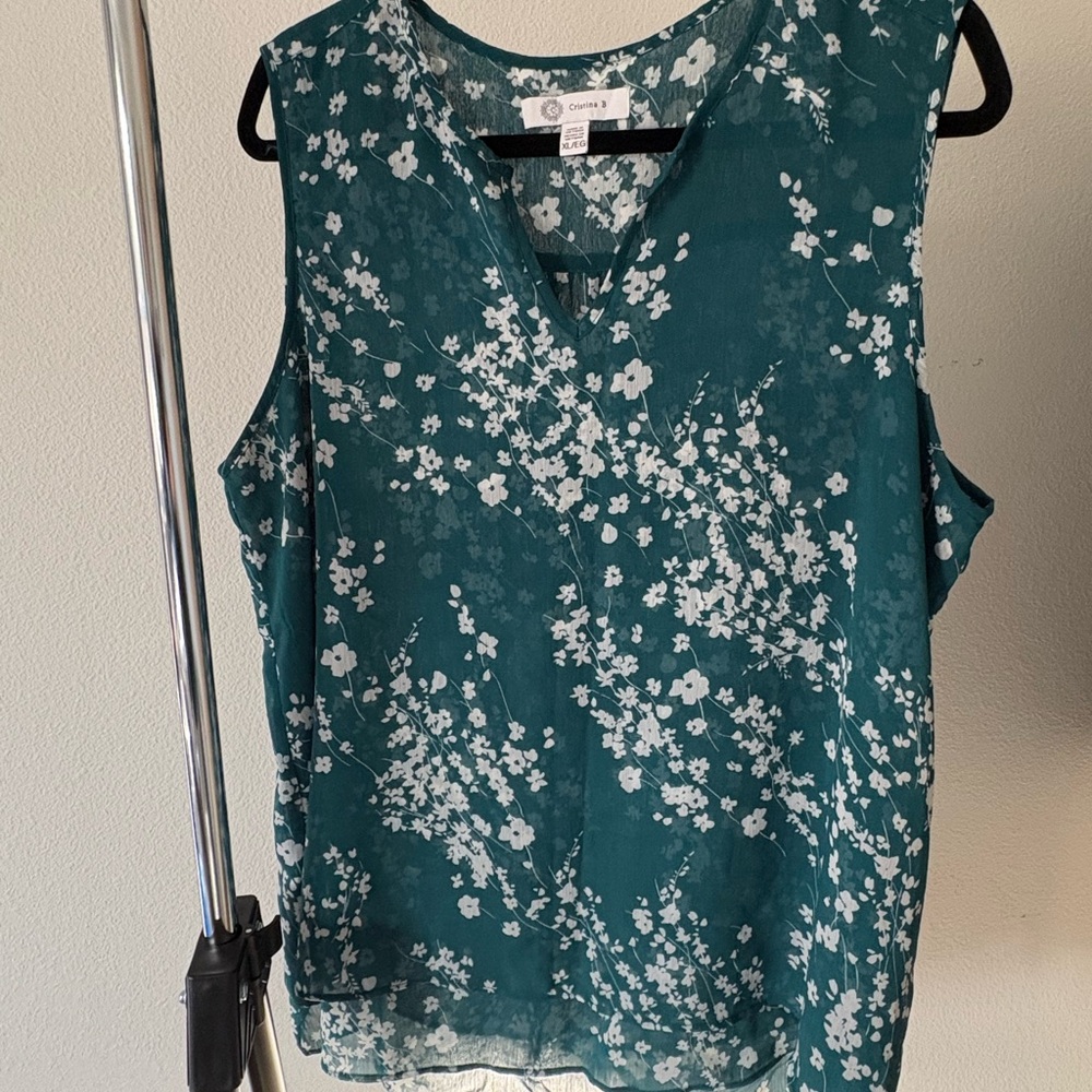 Cristina B. Teal Floral Sleeveless Blouse